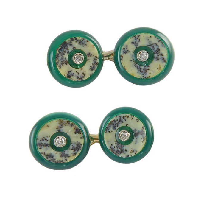 Pair of Art Deco moss agate, green chalcedony and diamond cufflinks, Swedish c.1920, the circular chalcedony faces each inlaid with a disc of moss agate, | MasterArt